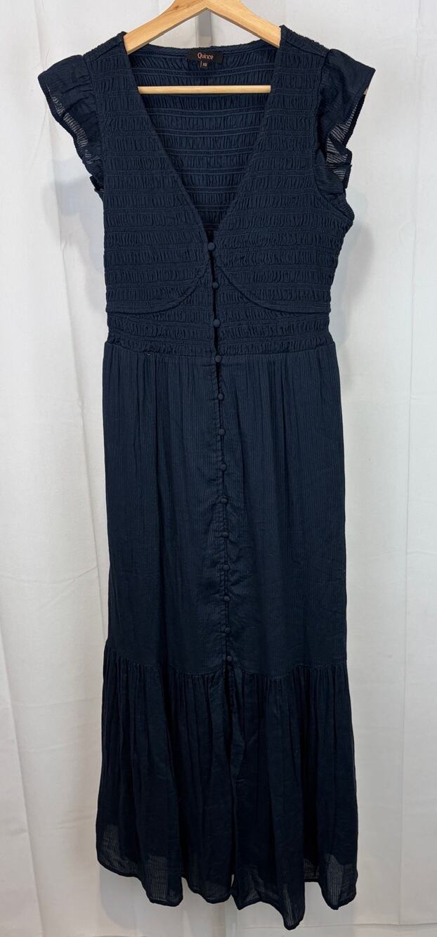QUINCE Organic Textured Cotton Smocked V Neck Midi Dress Navy Blue Size XS